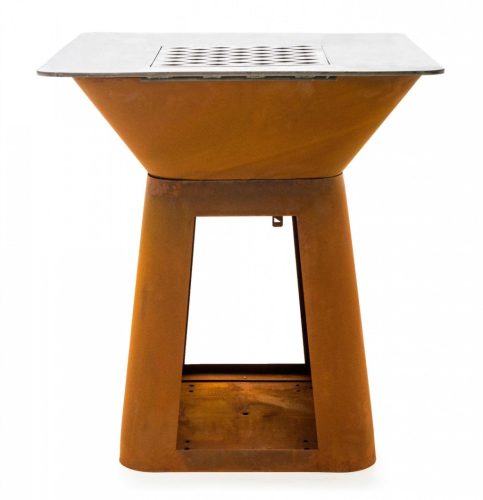 G21 Montana Corten acél modern kerti grillsütő planchával, 85 x 85 cm grillfelülettel, fatárolóval +120.000Ft értékű**** wellness utalvány