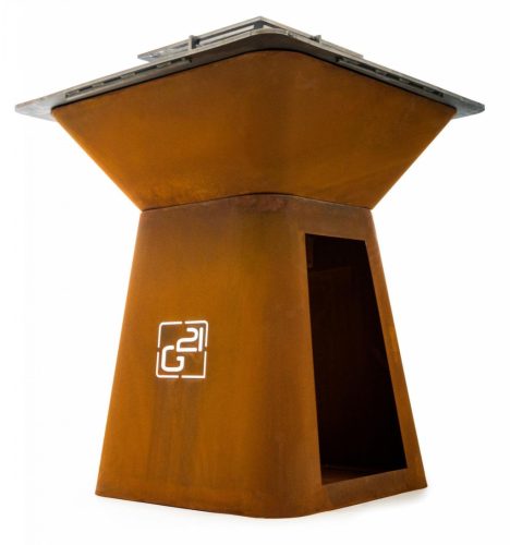 G21 Montana Corten acél modern kerti grillsütő planchával, 85 x 85 cm grillfelülettel, fatárolóval +120.000Ft értékű**** wellness utalvány