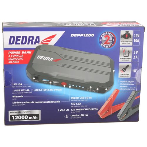 DEDRA DEPP1200 Autóindító Power Bank, 12000mAh (Motorindító/"bikázó" funkcióval rendelkező power bank)