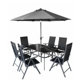   HECHT SHADOW SET 6személyes Fémvázas Kerti Bútor Garnitúra, 270cm-8bordás-összecsukható Napernyővel